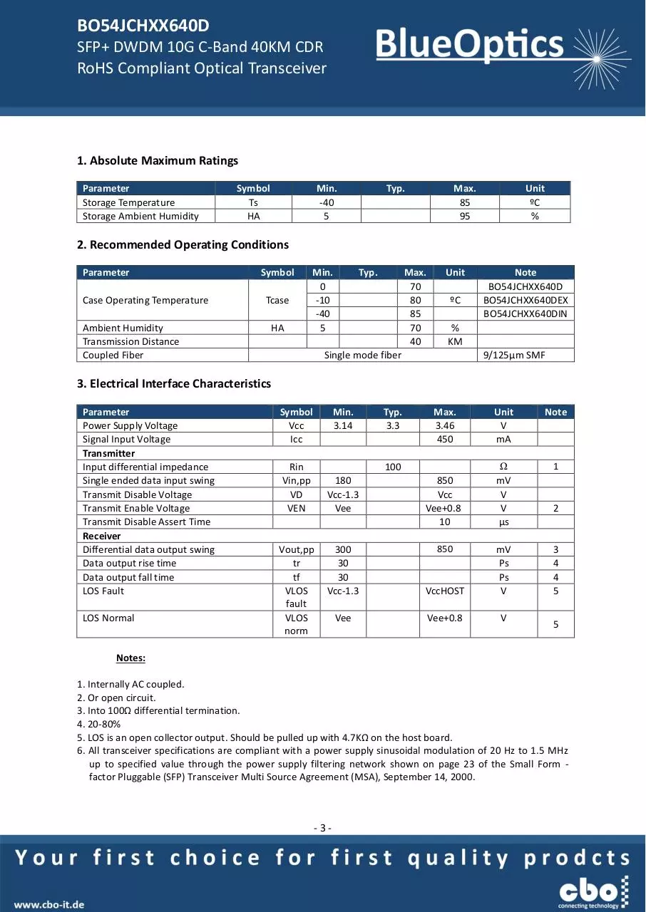 Page 3 of 7, BlueOptics BO54JCHXX640D 10GBASE DWDM CDR SFP+ Transceiver