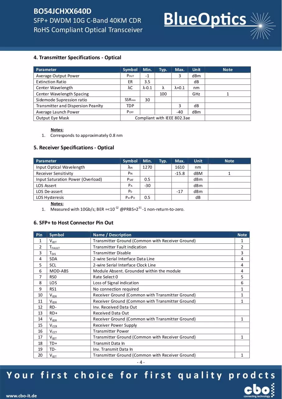 Page 4 of 7, BlueOptics BO54JCHXX640D 10GBASE DWDM CDR SFP+ Transceiver