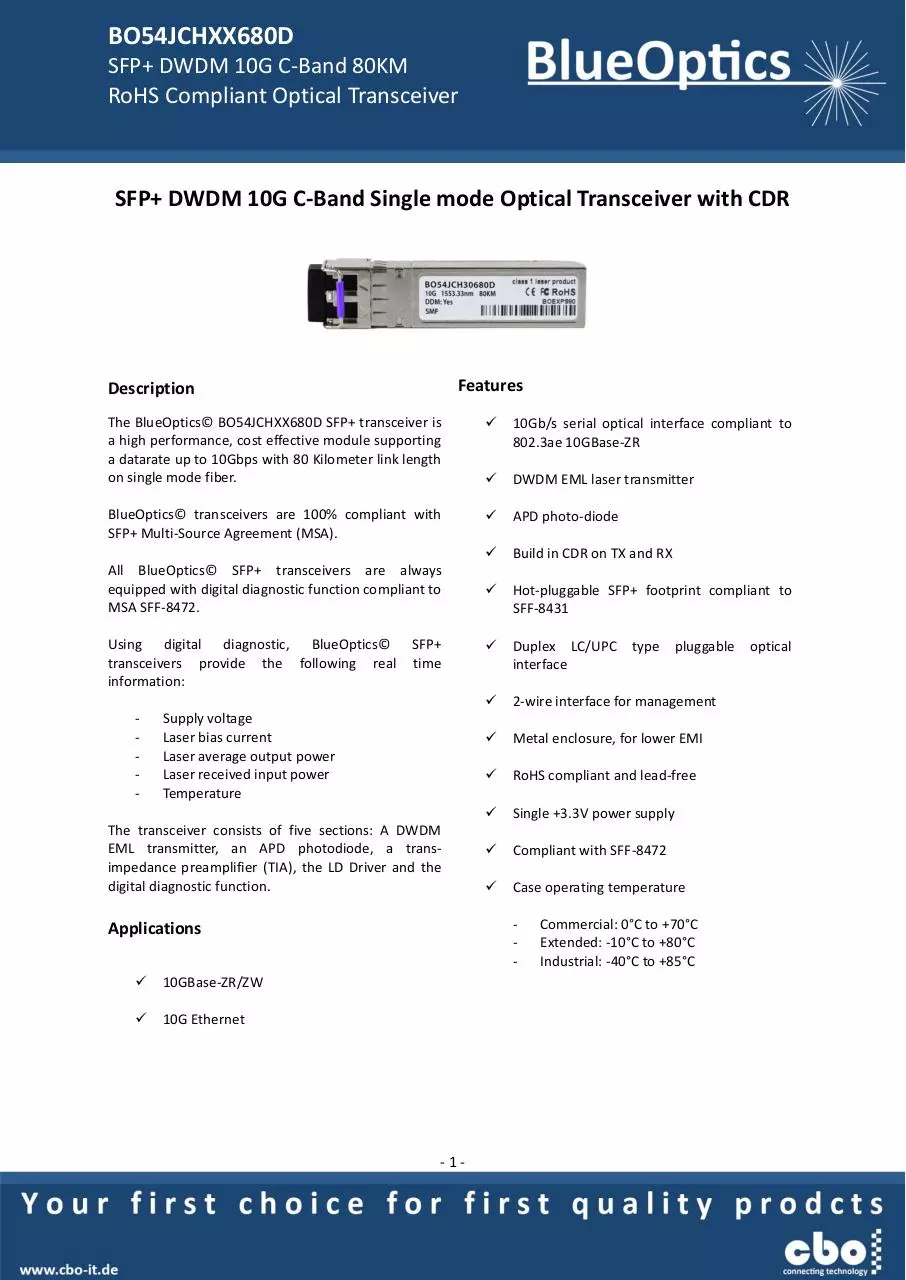 Page 1 of 7, BlueOptics BO54JCHXX680D 10GBASE DWDM CDR SFP+ Transceiver