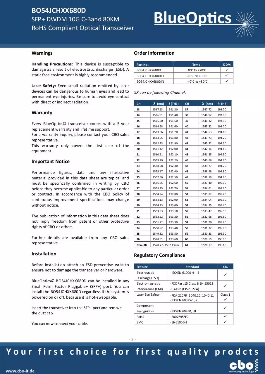 Page 2 of 7, BlueOptics BO54JCHXX680D 10GBASE DWDM CDR SFP+ Transceiver