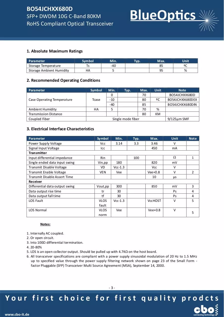 Page 3 of 7, BlueOptics BO54JCHXX680D 10GBASE DWDM CDR SFP+ Transceiver