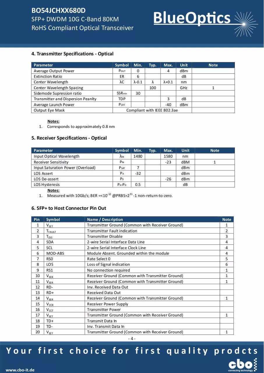 Page 4 of 7, BlueOptics BO54JCHXX680D 10GBASE DWDM CDR SFP+ Transceiver