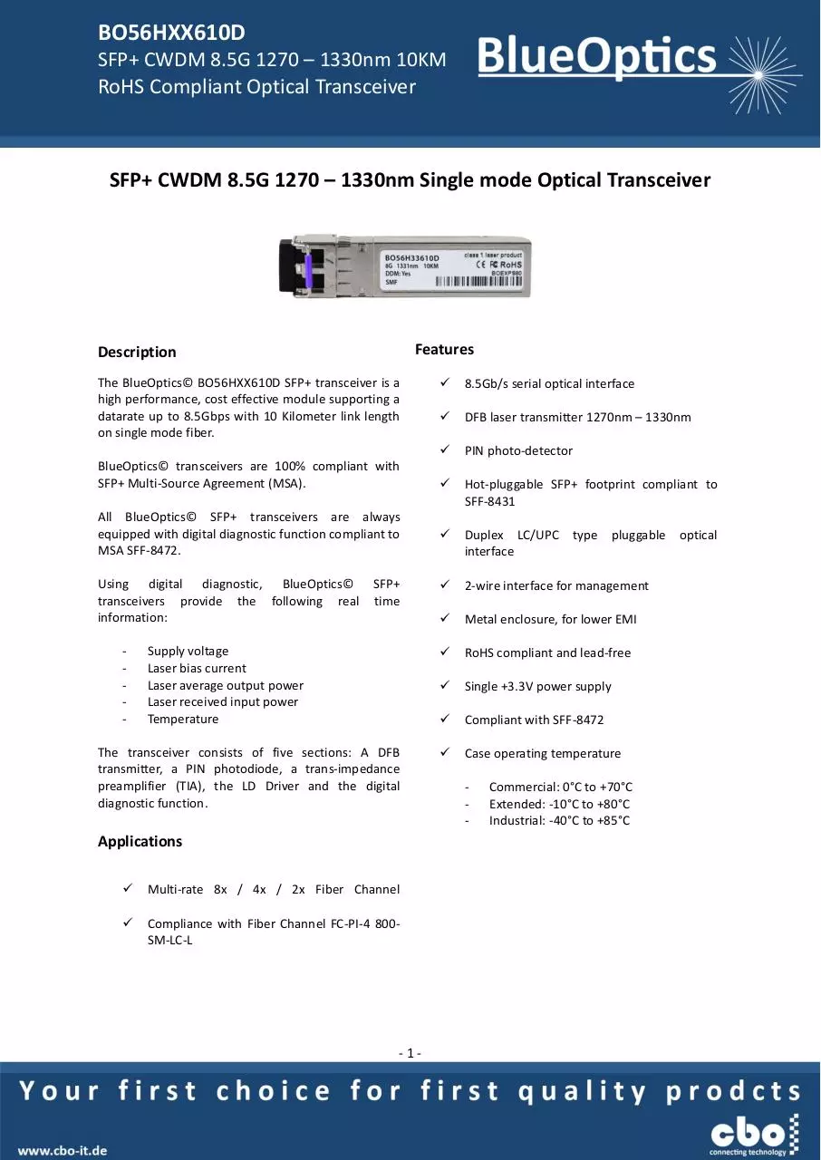 Page 1 of 7, BlueOptics BO56HXX610D 8GBASE CWDM SFP+ Transceiver 10KM