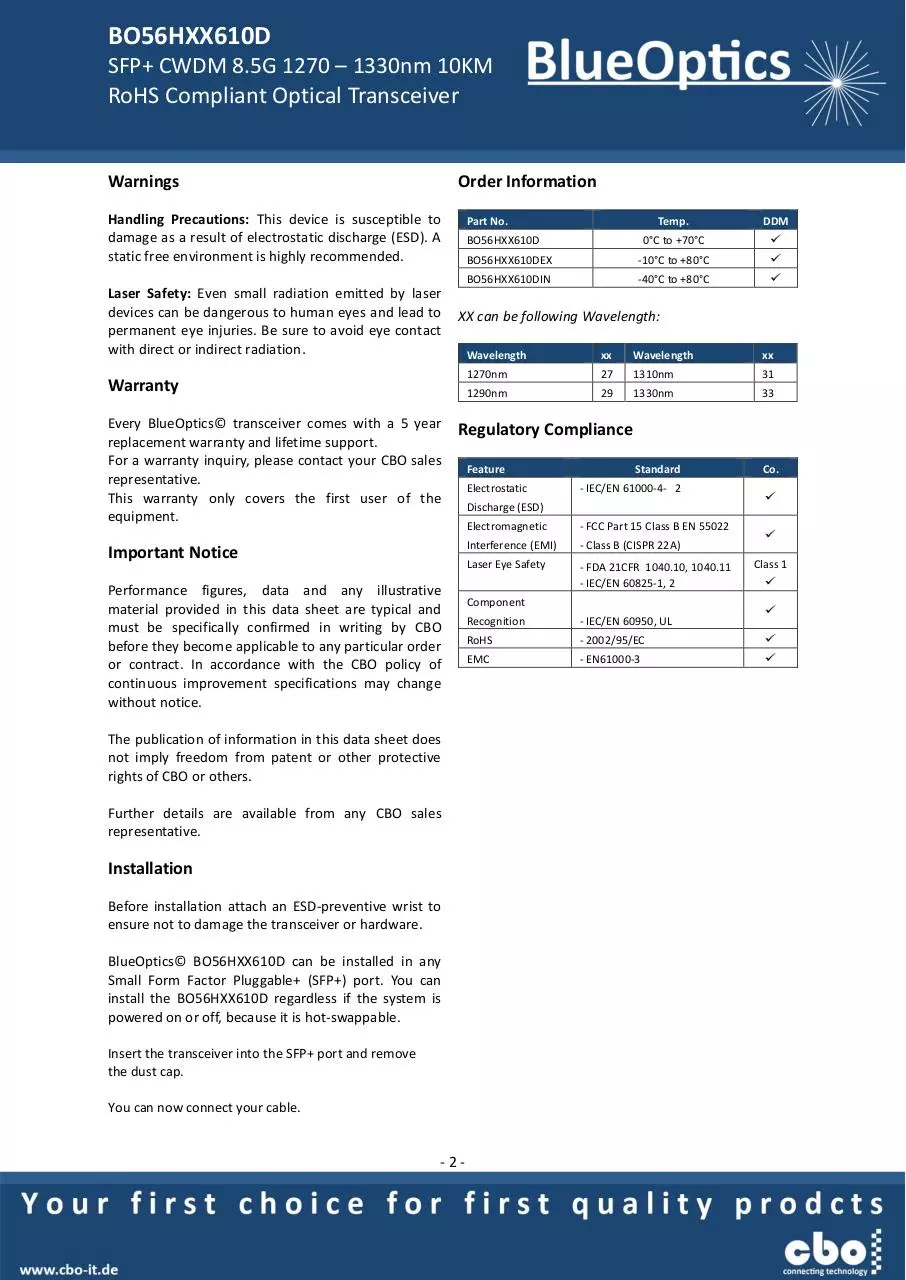 Page 2 of 7, BlueOptics BO56HXX610D 8GBASE CWDM SFP+ Transceiver 10KM