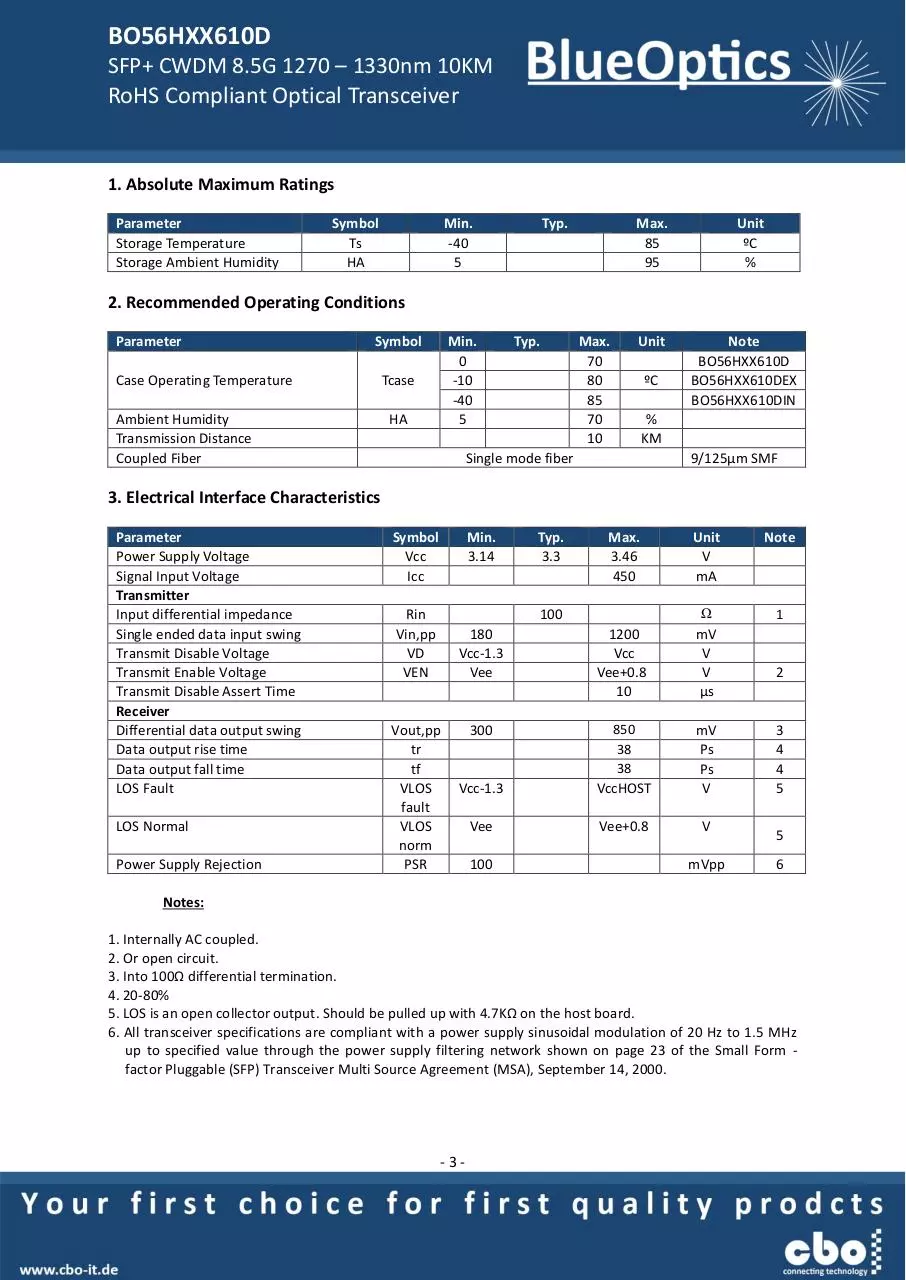 Page 3 of 7, BlueOptics BO56HXX610D 8GBASE CWDM SFP+ Transceiver 10KM