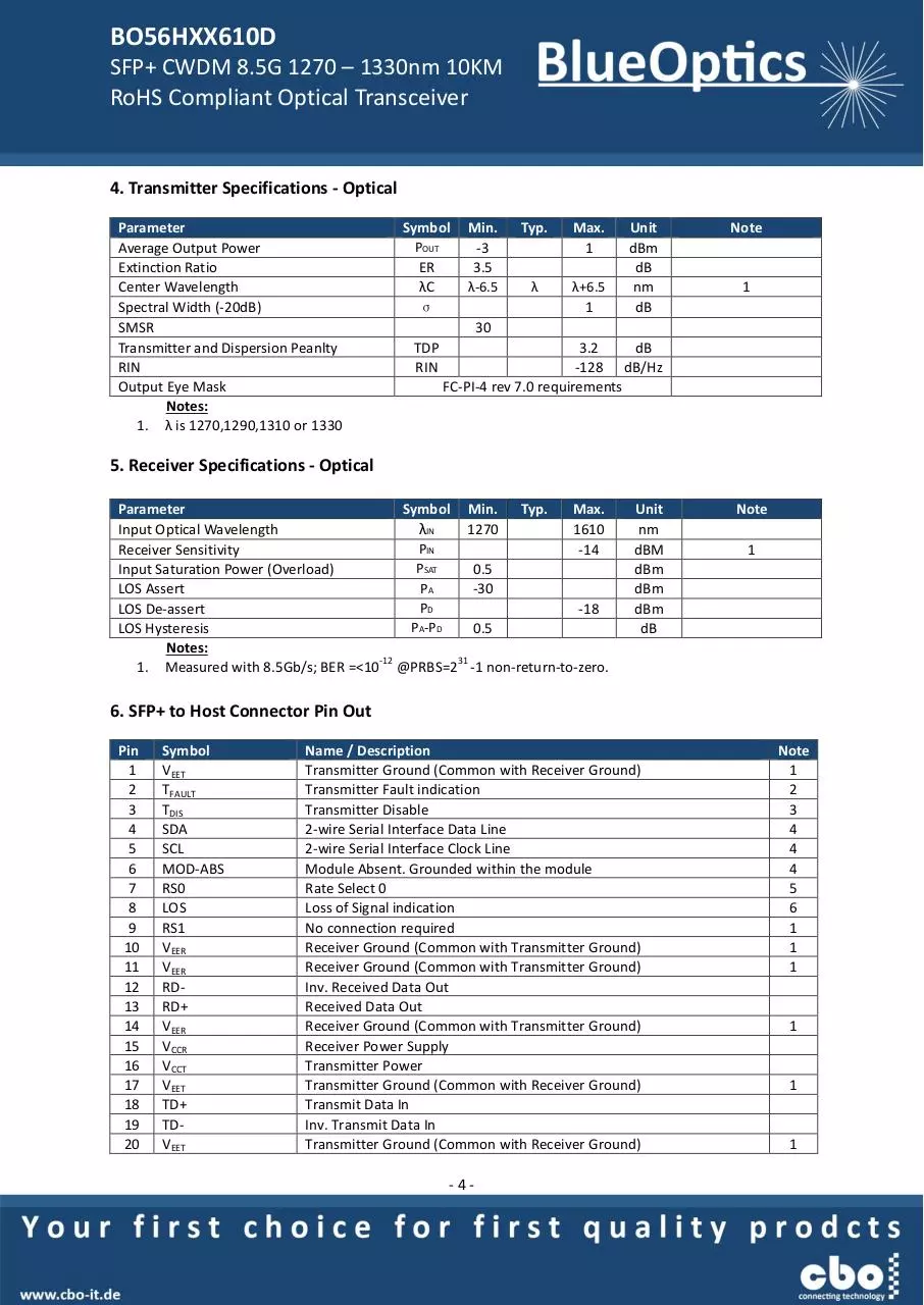 Page 4 of 7, BlueOptics BO56HXX610D 8GBASE CWDM SFP+ Transceiver 10KM