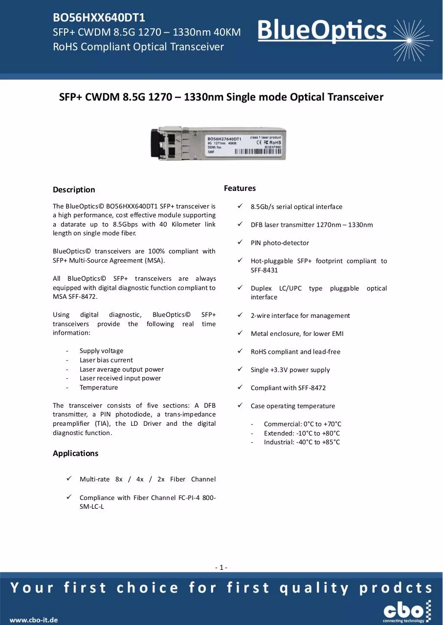 Page 1 of 7, BlueOptics BO56HXX640DT1 2 4 8GBASE CWDM SFP+ Transceiver