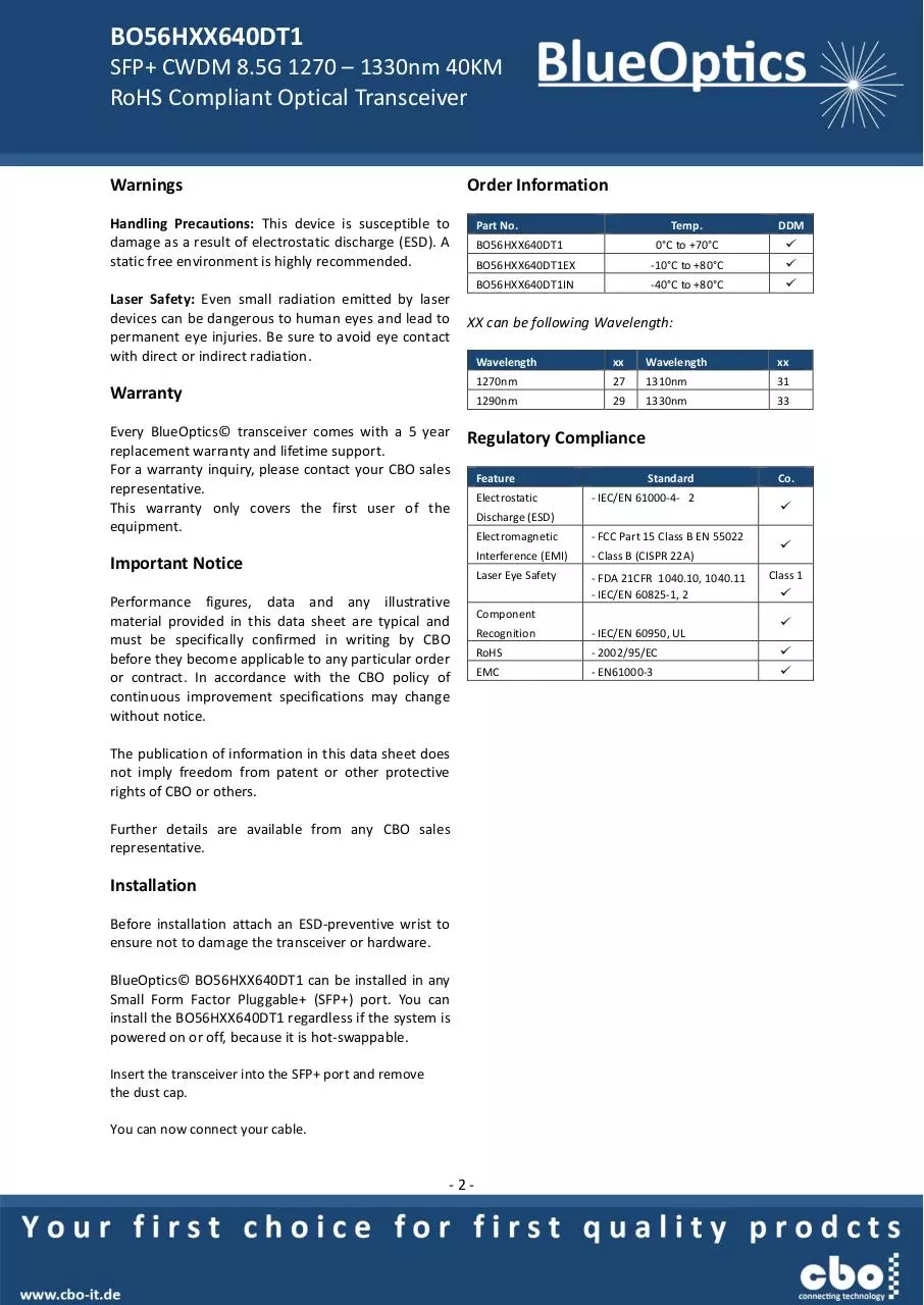 Page 2 of 7, BlueOptics BO56HXX640DT1 2 4 8GBASE CWDM SFP+ Transceiver