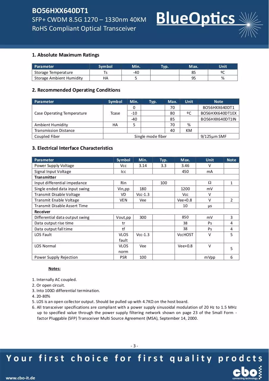 Page 3 of 7, BlueOptics BO56HXX640DT1 2 4 8GBASE CWDM SFP+ Transceiver