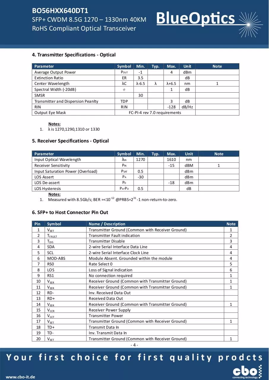 Page 4 of 7, BlueOptics BO56HXX640DT1 2 4 8GBASE CWDM SFP+ Transceiver