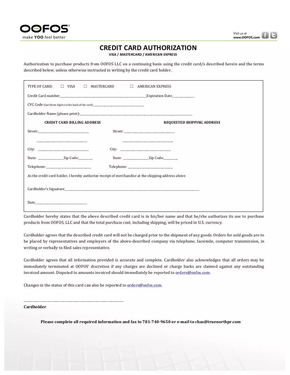 Document preview - oofos credit_card_autho_form.pdf - Page 1/1
