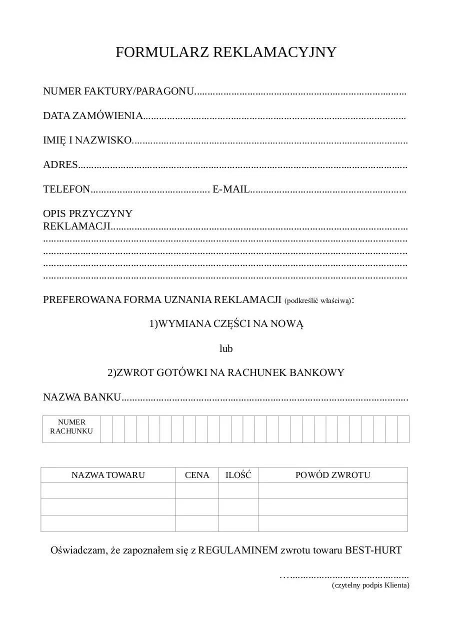 Document preview - FORMULARZ REKLAMACYJNY.pdf - Page 1/1