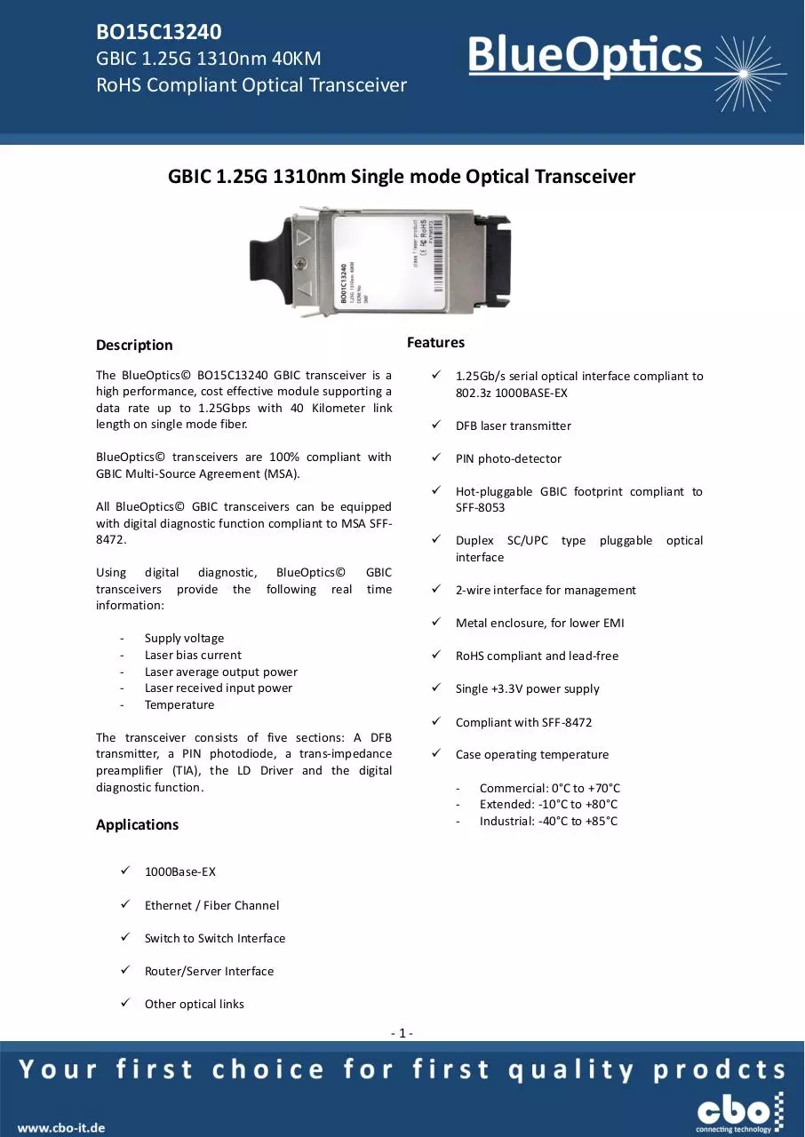 Page 1 of 7, BlueOptics BO01C13240 1000BASE LH GBIC