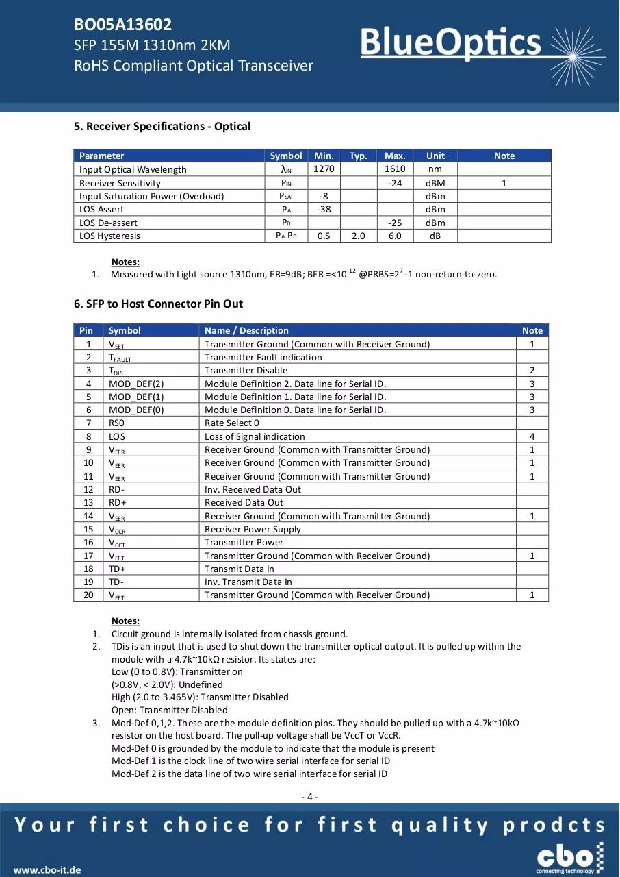 Page 4 of 7, BlueOptics BO05A13602 SFP Transceiver 100BASE FX