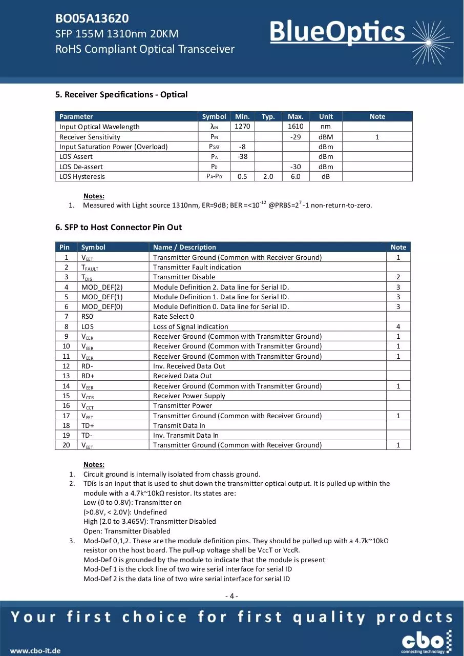 Page 4 of 7, BlueOptics BO05A13620 SFP Transceiver 100BASE LH