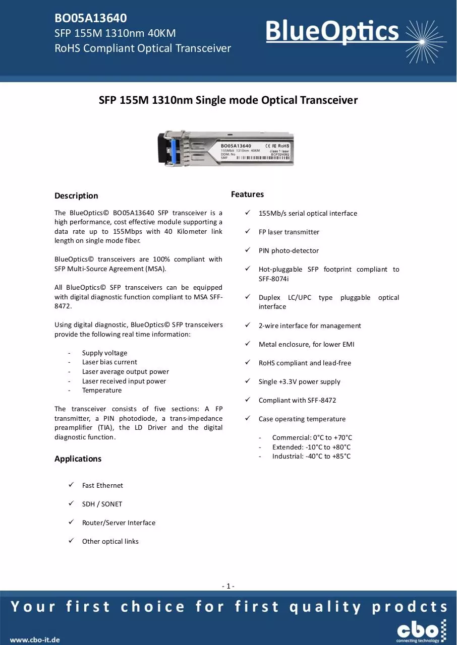 Page 1 of 7, BlueOptics BO05A13640 SFP Transceiver 100BASE LH