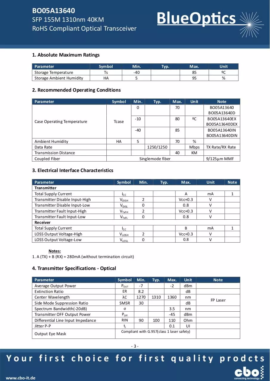Page 3 of 7, BlueOptics BO05A13640 SFP Transceiver 100BASE LH