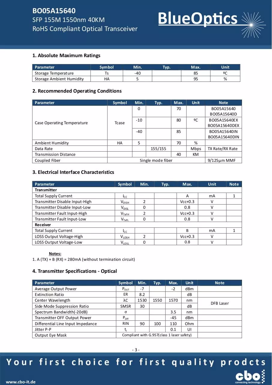 Page 3 of 7, BlueOptics BO05A15640 SFP Transceiver 100BASE EX