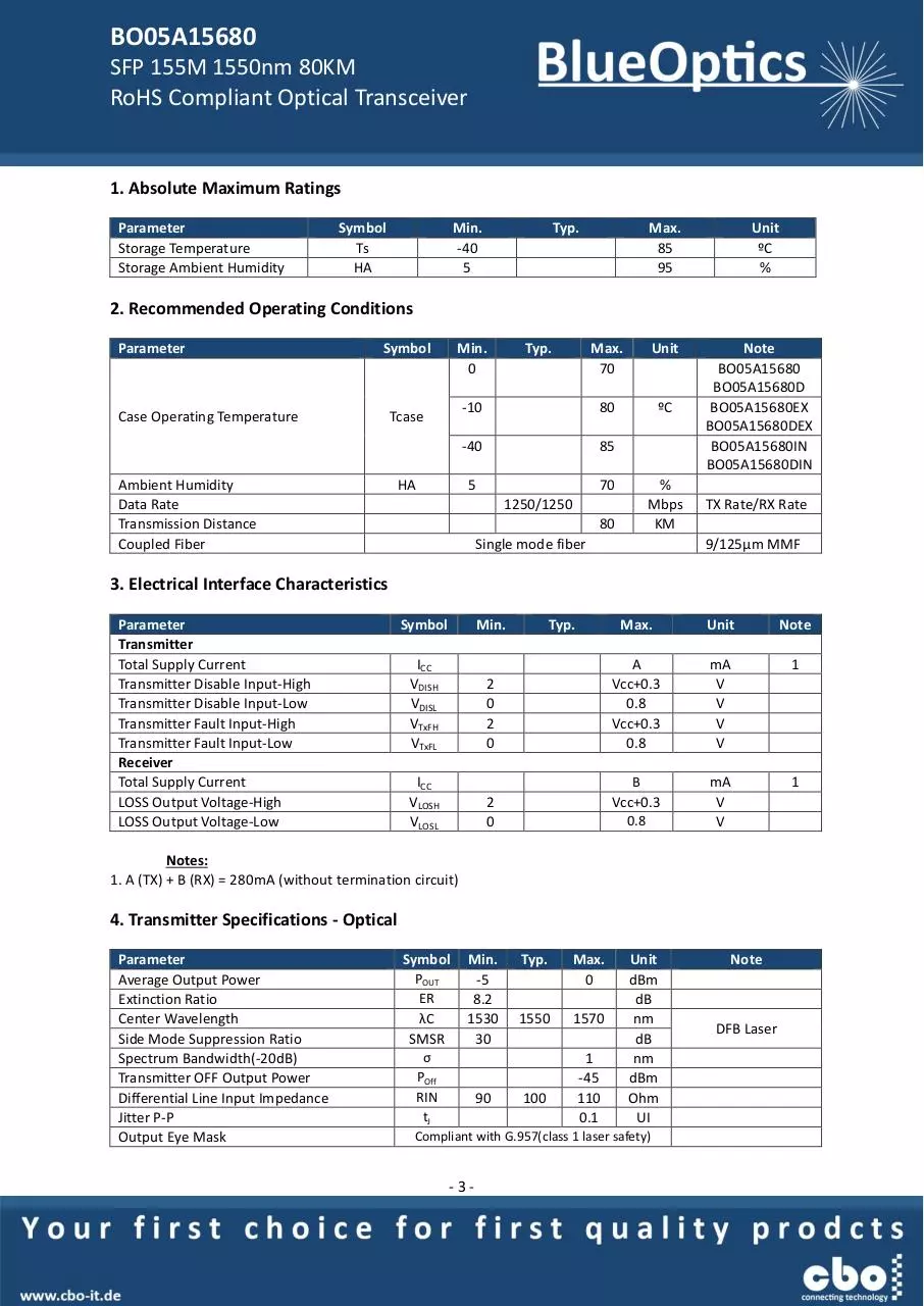 Page 3 of 7, BlueOptics BO05A15680 SFP Transceiver 100BASE ZX