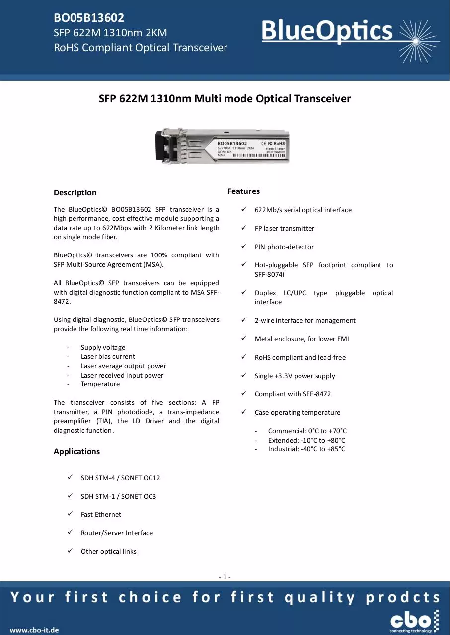 Page 1 of 7, BlueOptics BO05B13602 SFP Transceiver 1310nm