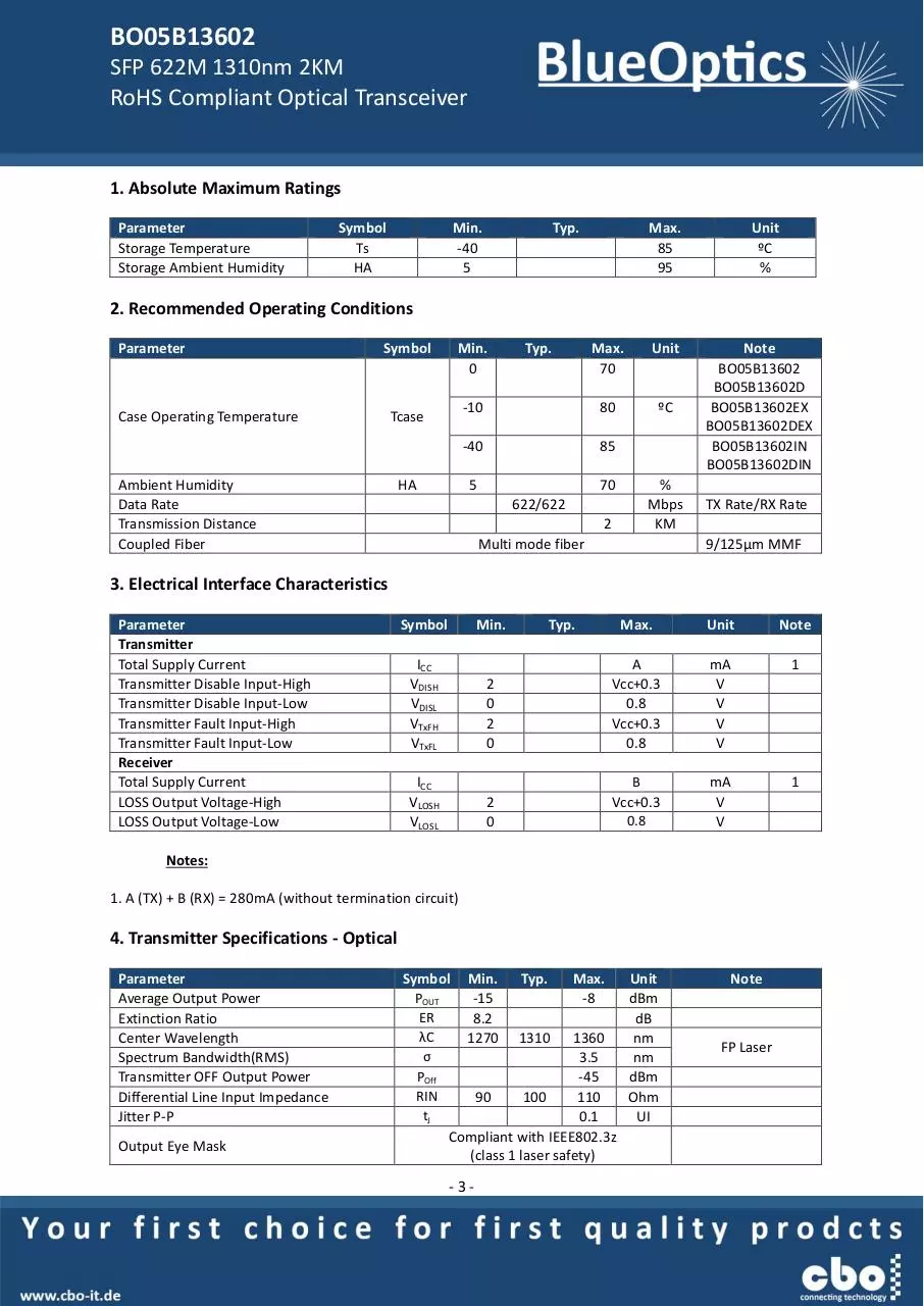 Page 3 of 7, BlueOptics BO05B13602 SFP Transceiver 1310nm