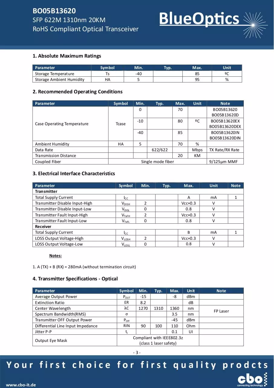 Page 3 of 7, BlueOptics BO05B13620 SFP Transceiver 1310nm 20KM