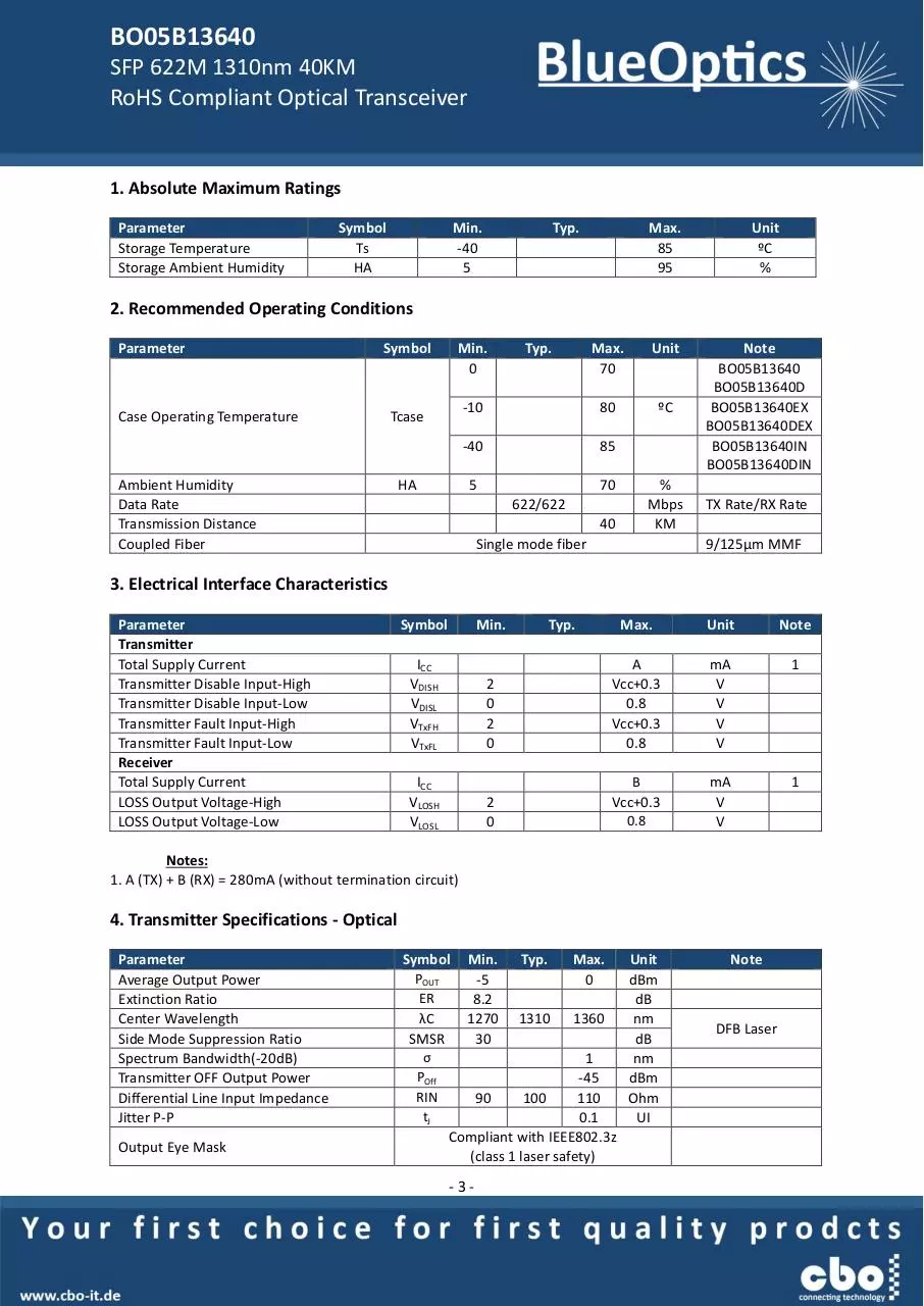 Page 3 of 7, BlueOptics BO05B13640 SFP Transceiver 1310nm 40KM