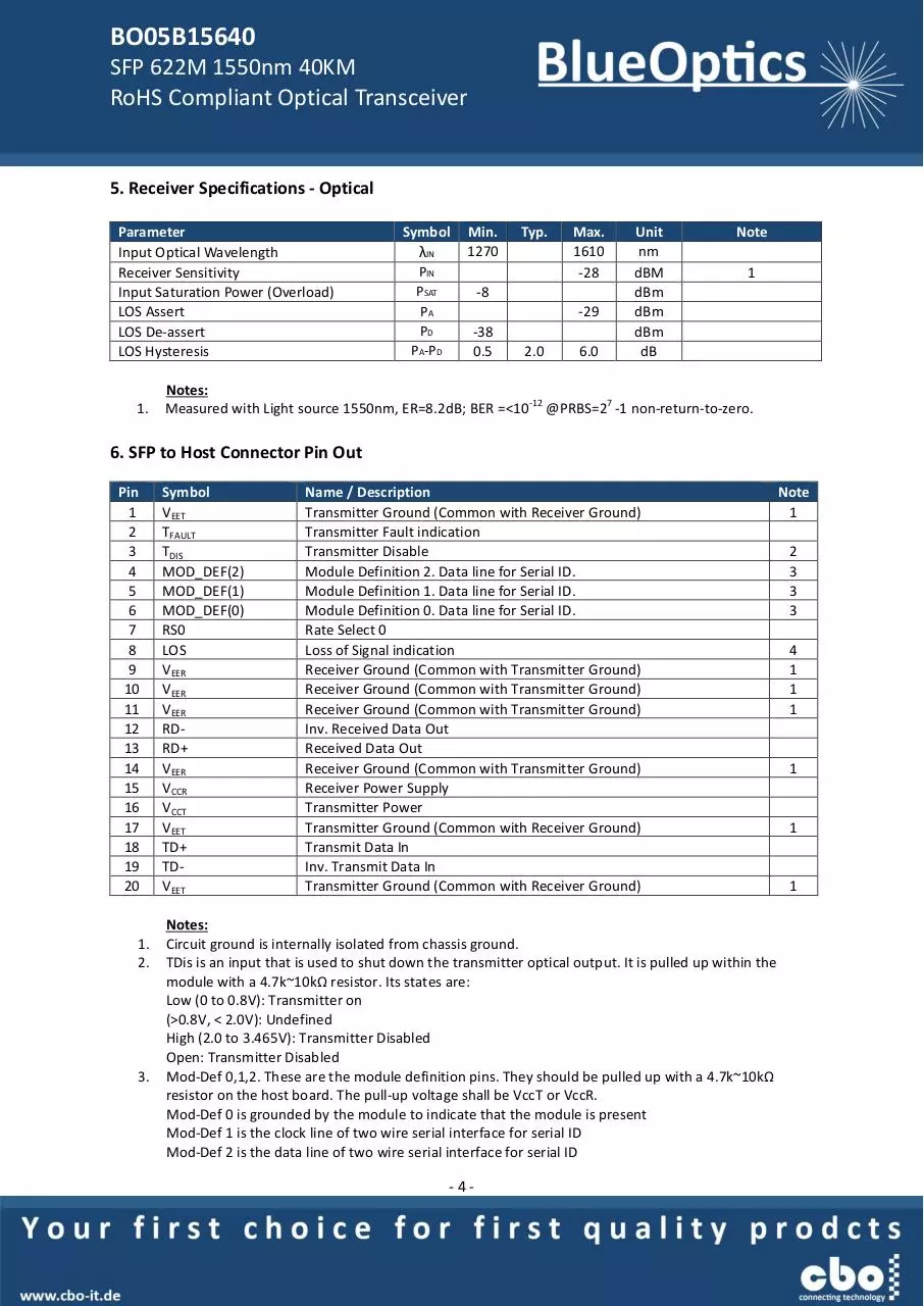 Page 4 of 7, BlueOptics BO05B15640 SFP Transceiver 1550nm 40KM