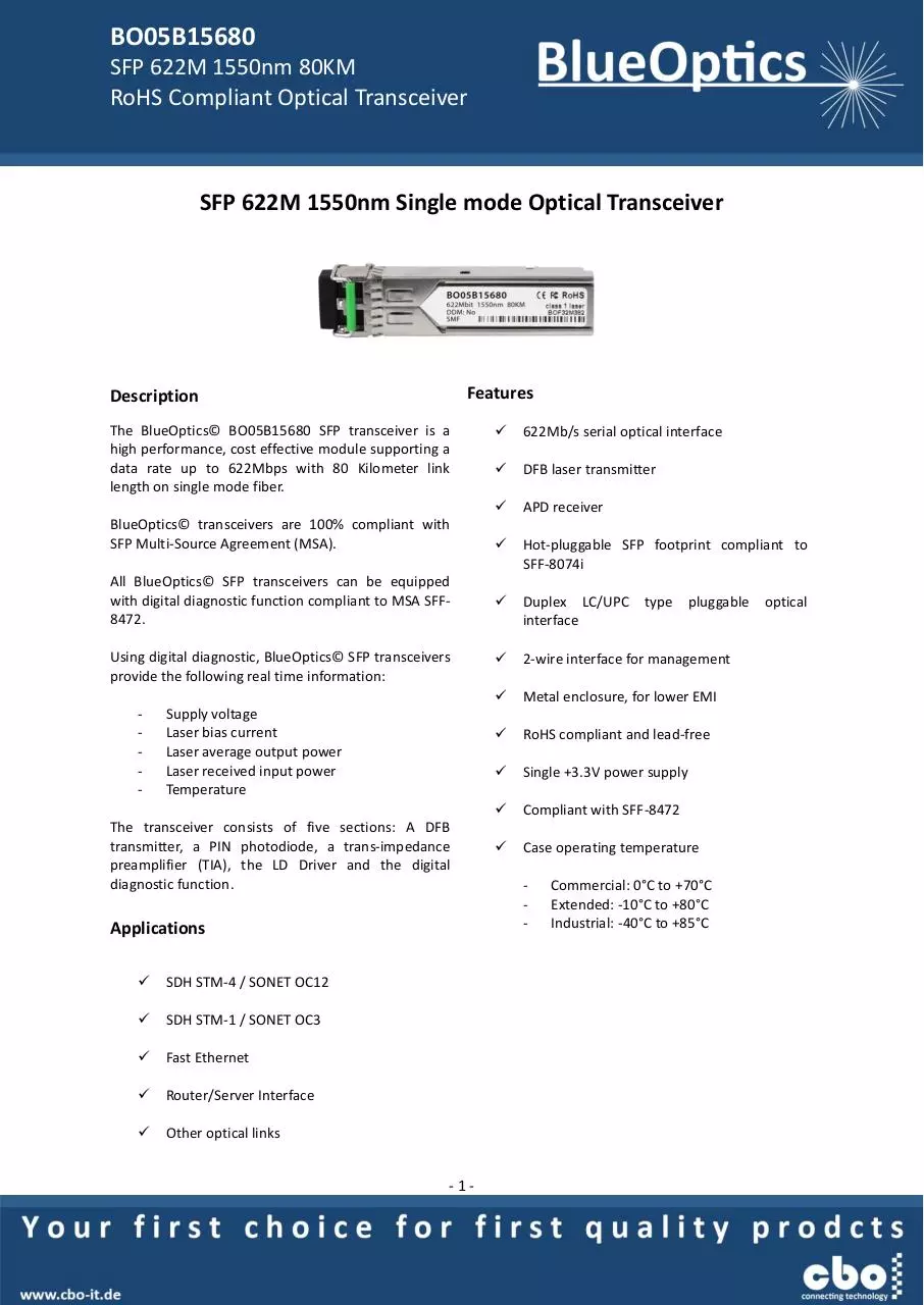 Page 1 of 7, BlueOptics BO05B15680 SFP Transceiver 1550nm 80KM