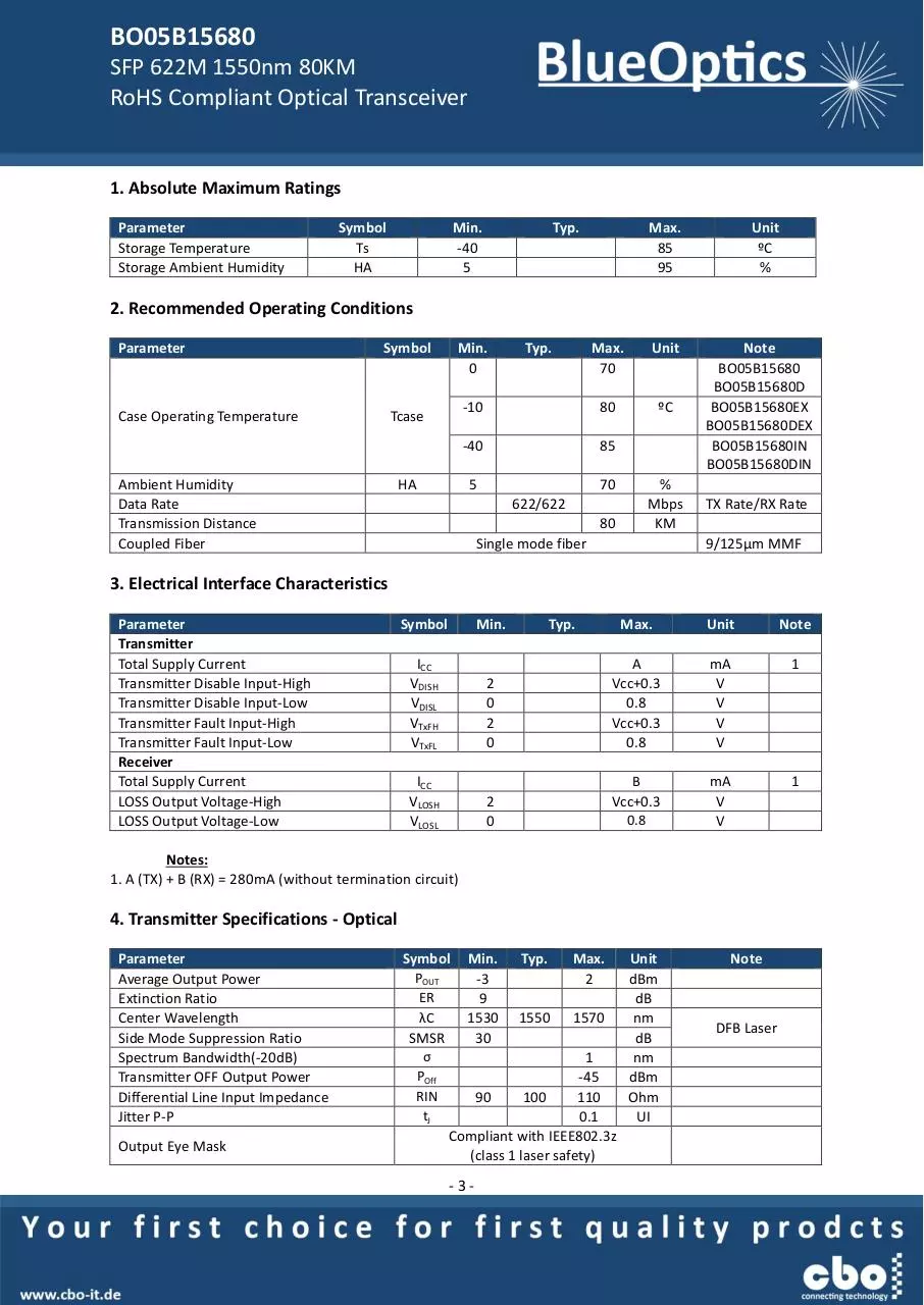 Page 3 of 7, BlueOptics BO05B15680 SFP Transceiver 1550nm 80KM