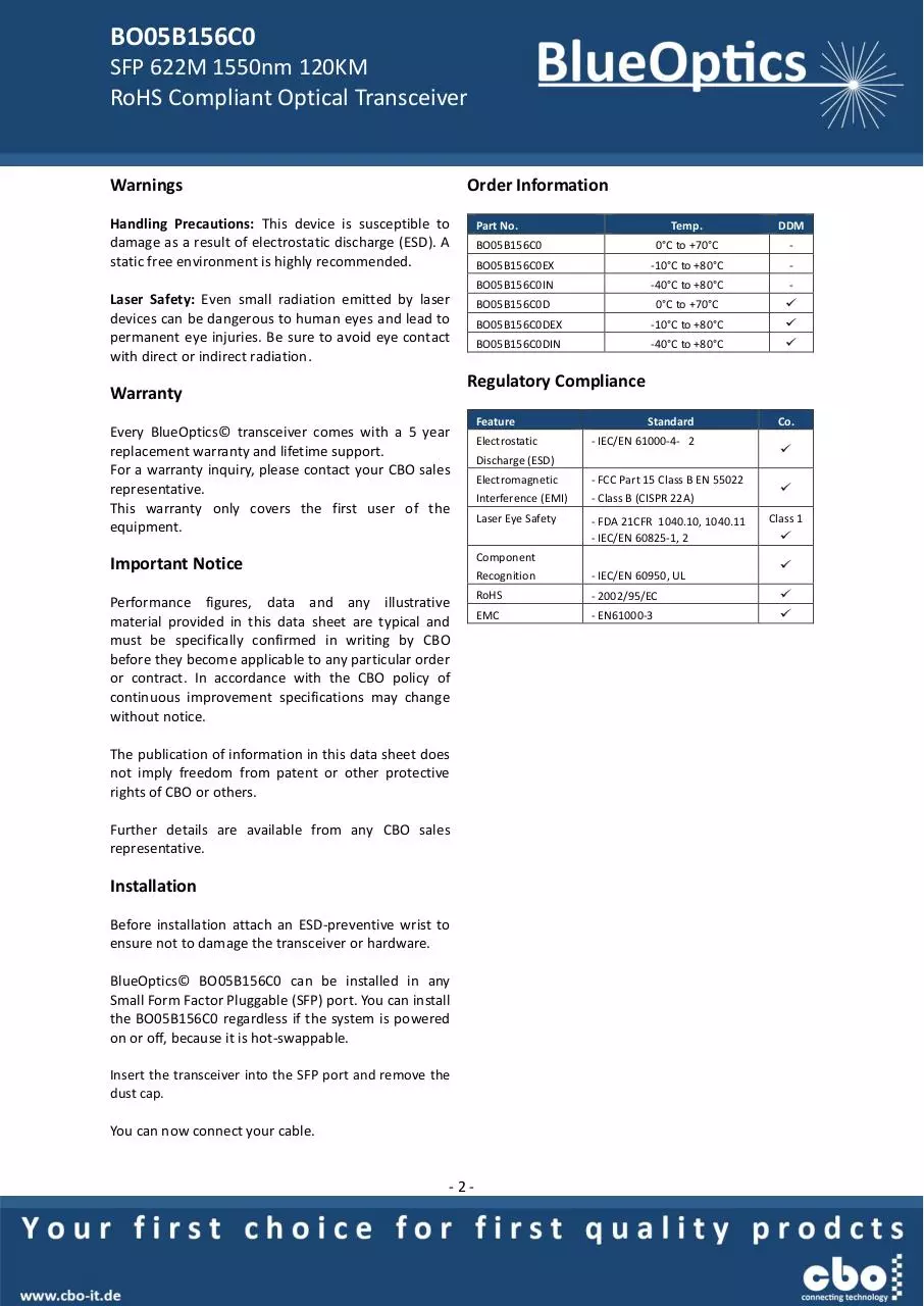 Page 2 of 7, BlueOptics BO05B156C0 SFP Transceiver 1550nm 120KM
