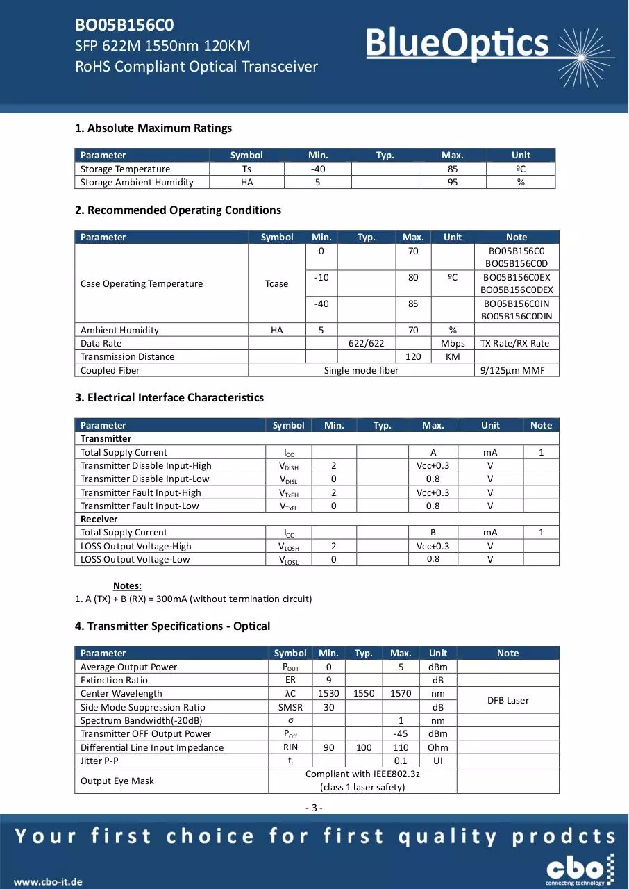 Page 3 of 7, BlueOptics BO05B156C0 SFP Transceiver 1550nm 120KM