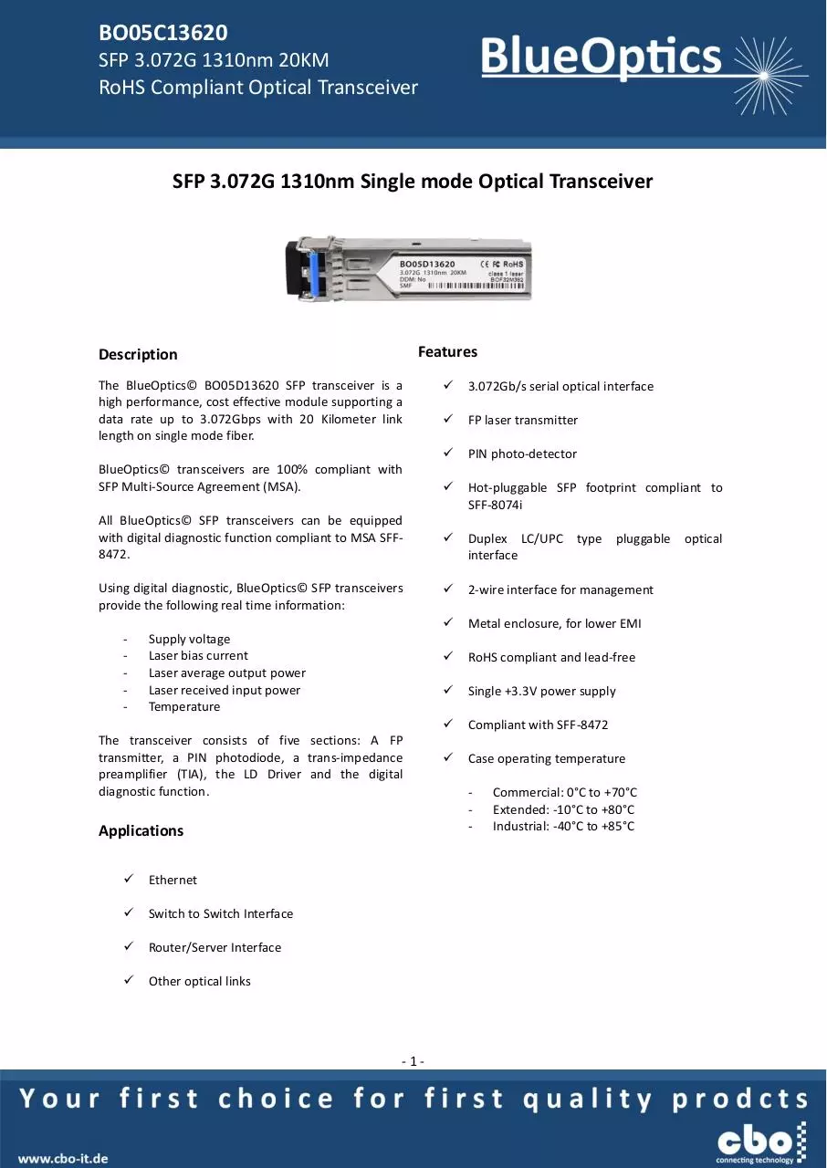 Page 1 of 7, BlueOptics BO05D13620 SFP Transceiver 1310nm 20KM