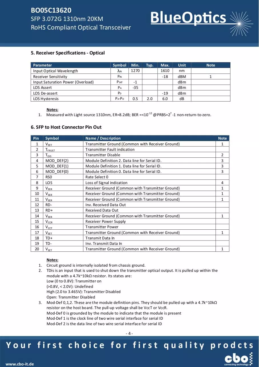Page 4 of 7, BlueOptics BO05D13620 SFP Transceiver 1310nm 20KM