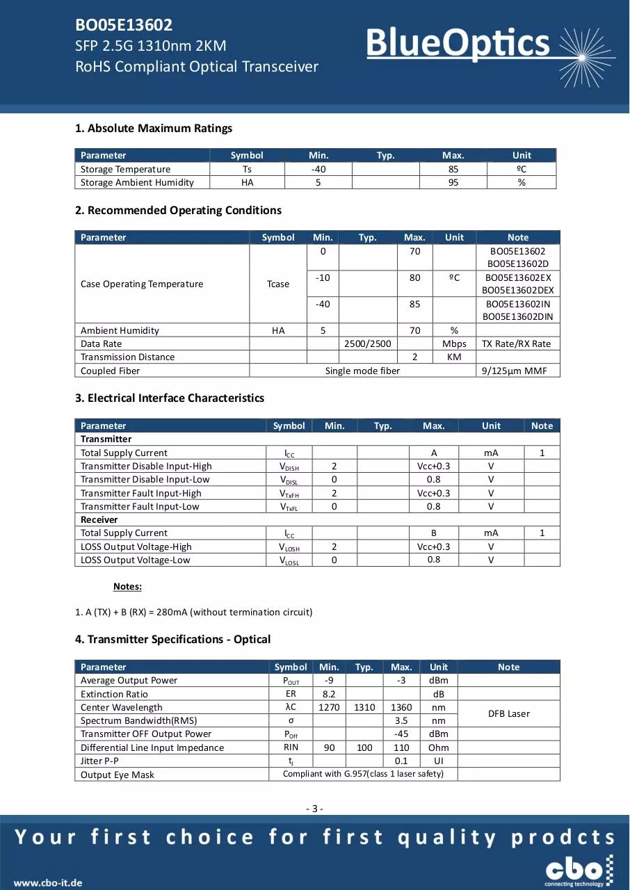 Page 3 of 7, BlueOptics BO05E13602 SFP Transceiver 1310nm 2KM