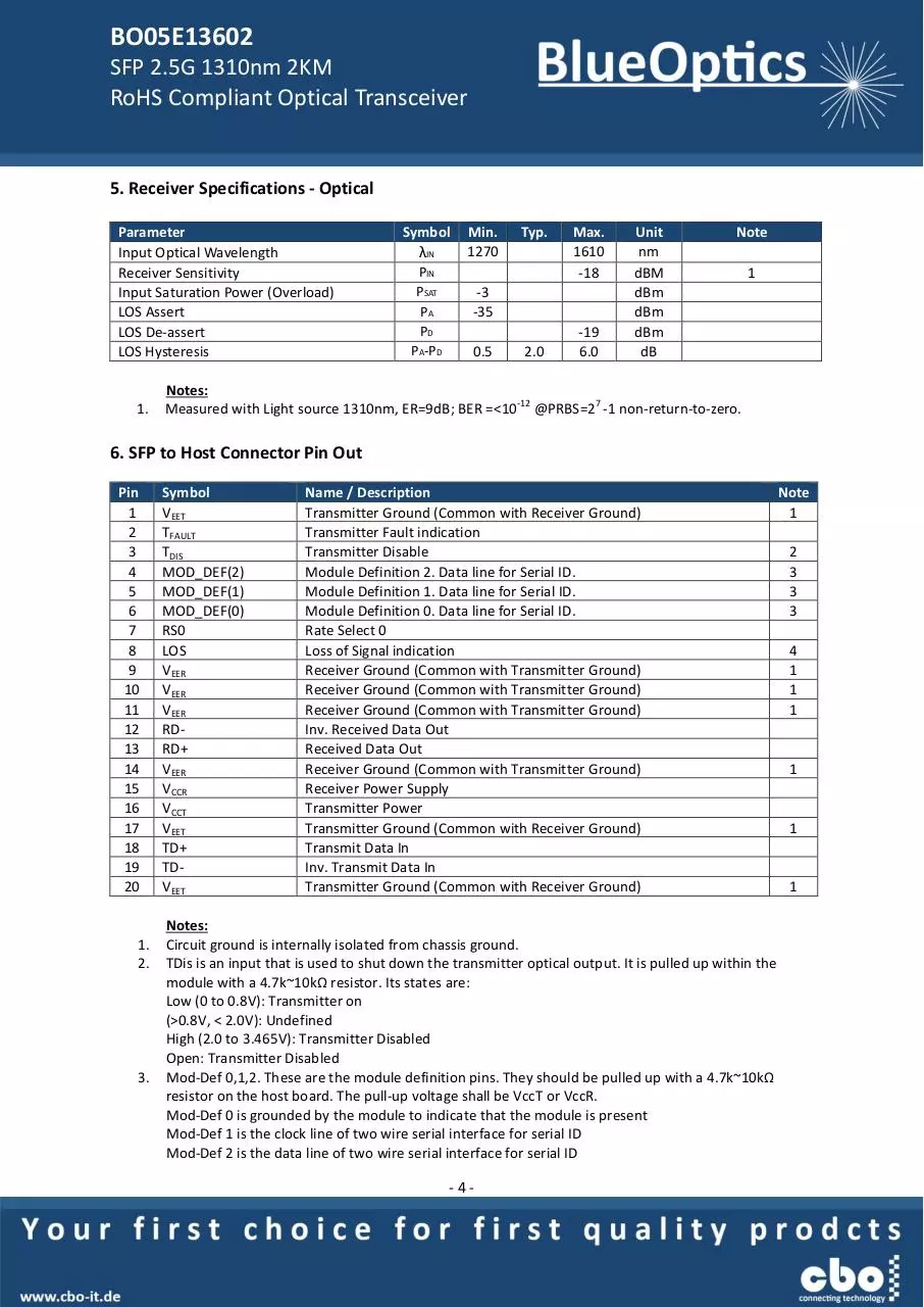 Page 4 of 7, BlueOptics BO05E13602 SFP Transceiver 1310nm 2KM