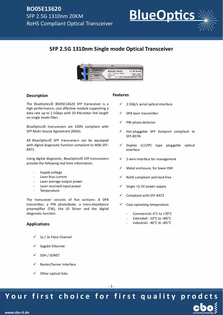 Page 1 of 7, BlueOptics BO05E13620 SFP Transceiver 1310nm 20KM