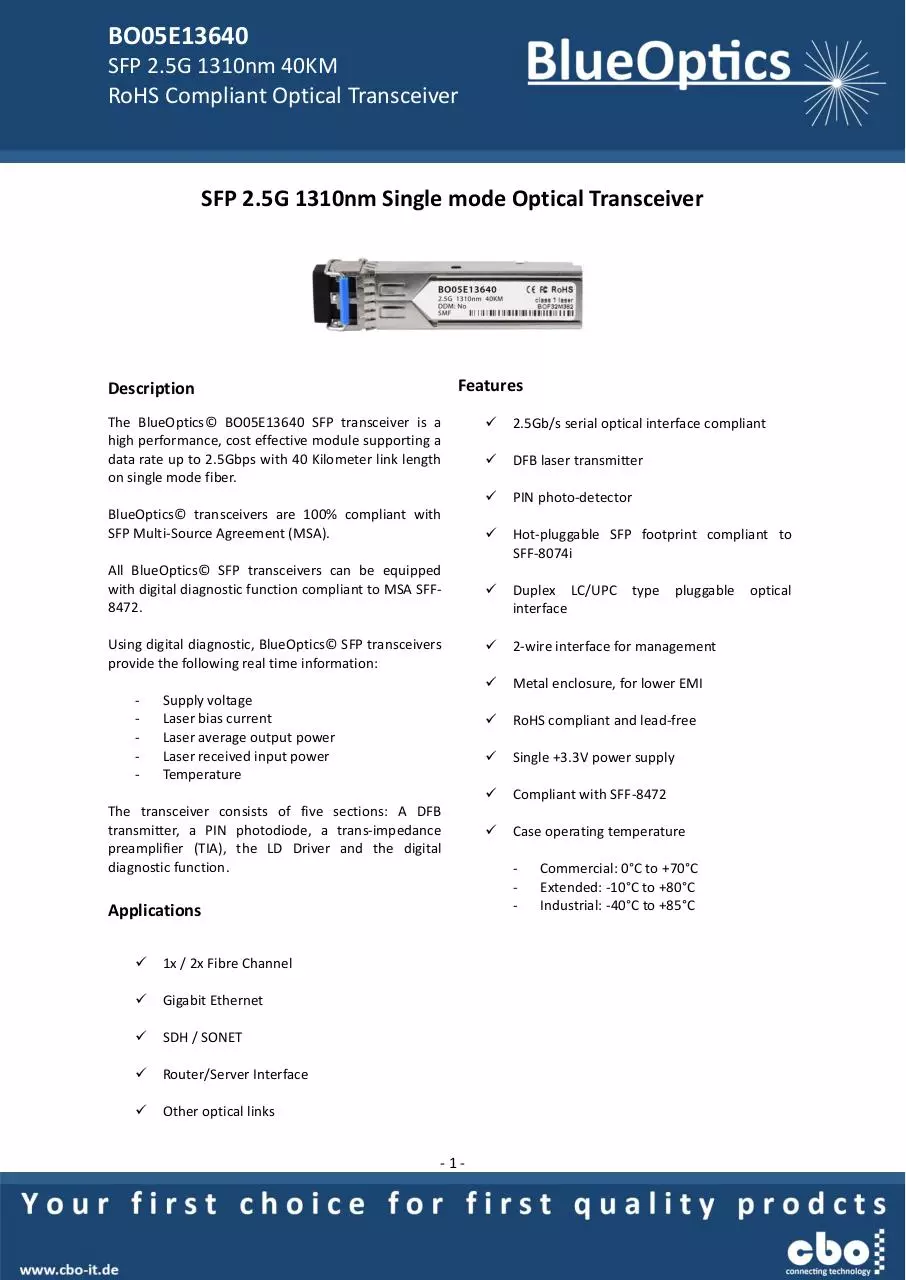 Page 1 of 7, BlueOptics BO05E13640 SFP Transceiver 1310nm 40KM