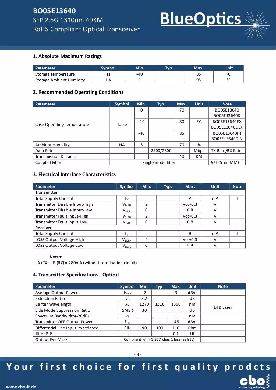 Page 3 of 7, BlueOptics BO05E13640 SFP Transceiver 1310nm 40KM