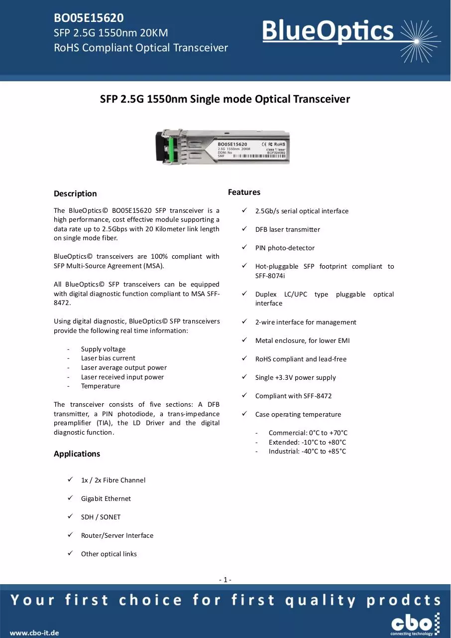 Page 1 of 7, BlueOptics BO05E15620 SFP Transceiver 1550nm 20KM