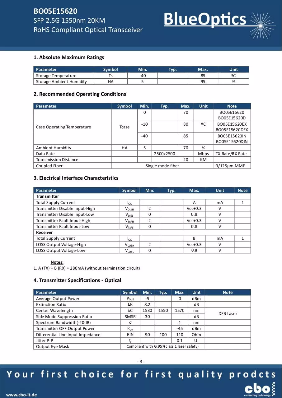 Page 3 of 7, BlueOptics BO05E15620 SFP Transceiver 1550nm 20KM