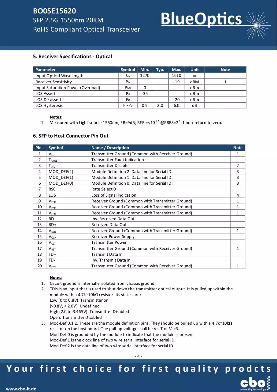 Page 4 of 7, BlueOptics BO05E15620 SFP Transceiver 1550nm 20KM