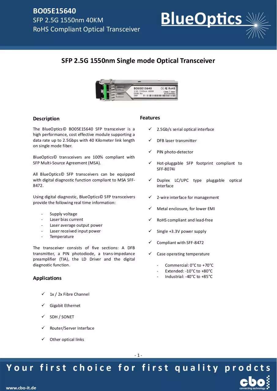 Page 1 of 7, BlueOptics BO05E15640 SFP Transceiver 1550nm