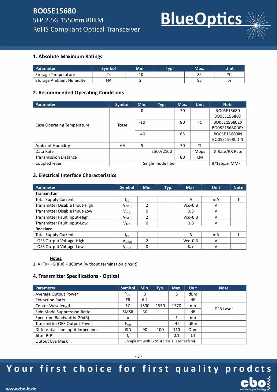 Page 3 of 7, BlueOptics BO05E15680 SFP Transceiver 1550nm