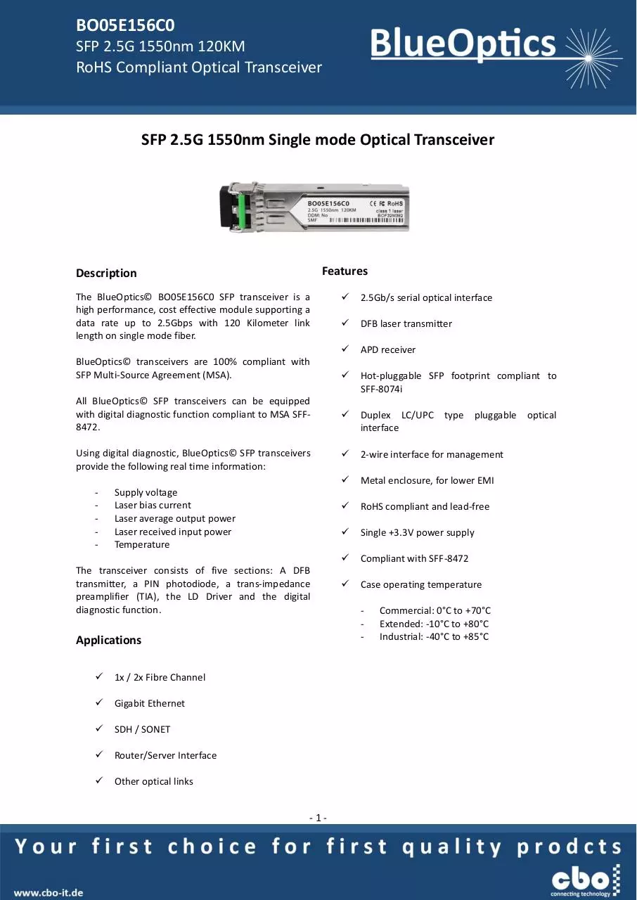 Page 1 of 7, BlueOptics BO05E156C0 SFP Transceiver 1550nm 120KM