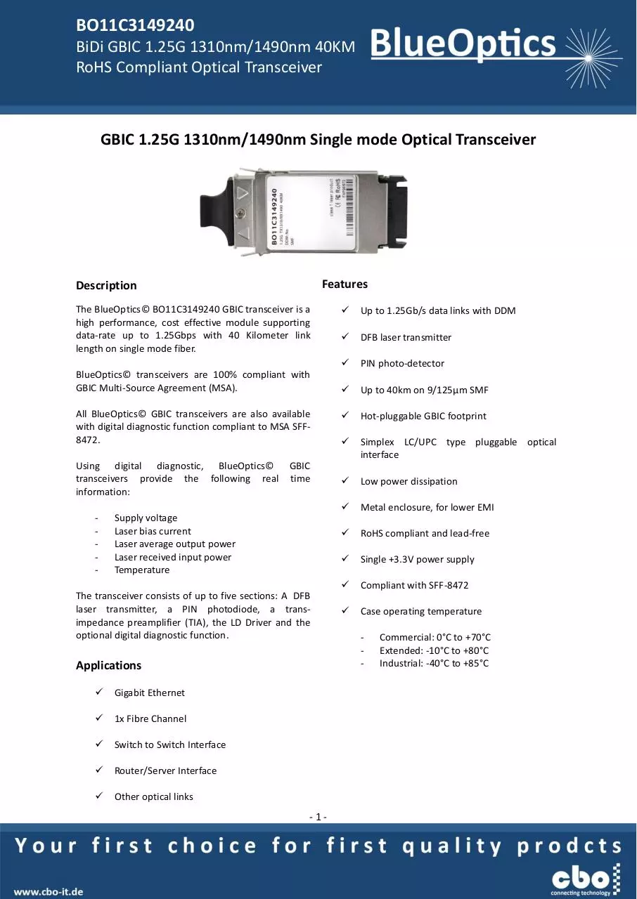 Page 1 of 8, BlueOptics BO11C3149240 1000BASE BX U GBIC