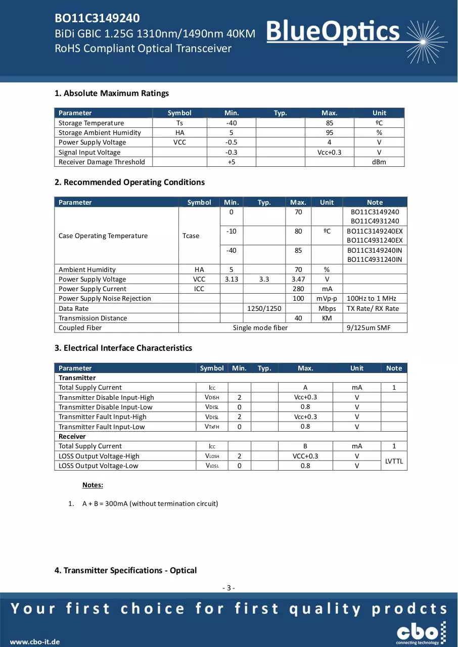 Page 3 of 8, BlueOptics BO11C3149240 1000BASE BX U GBIC