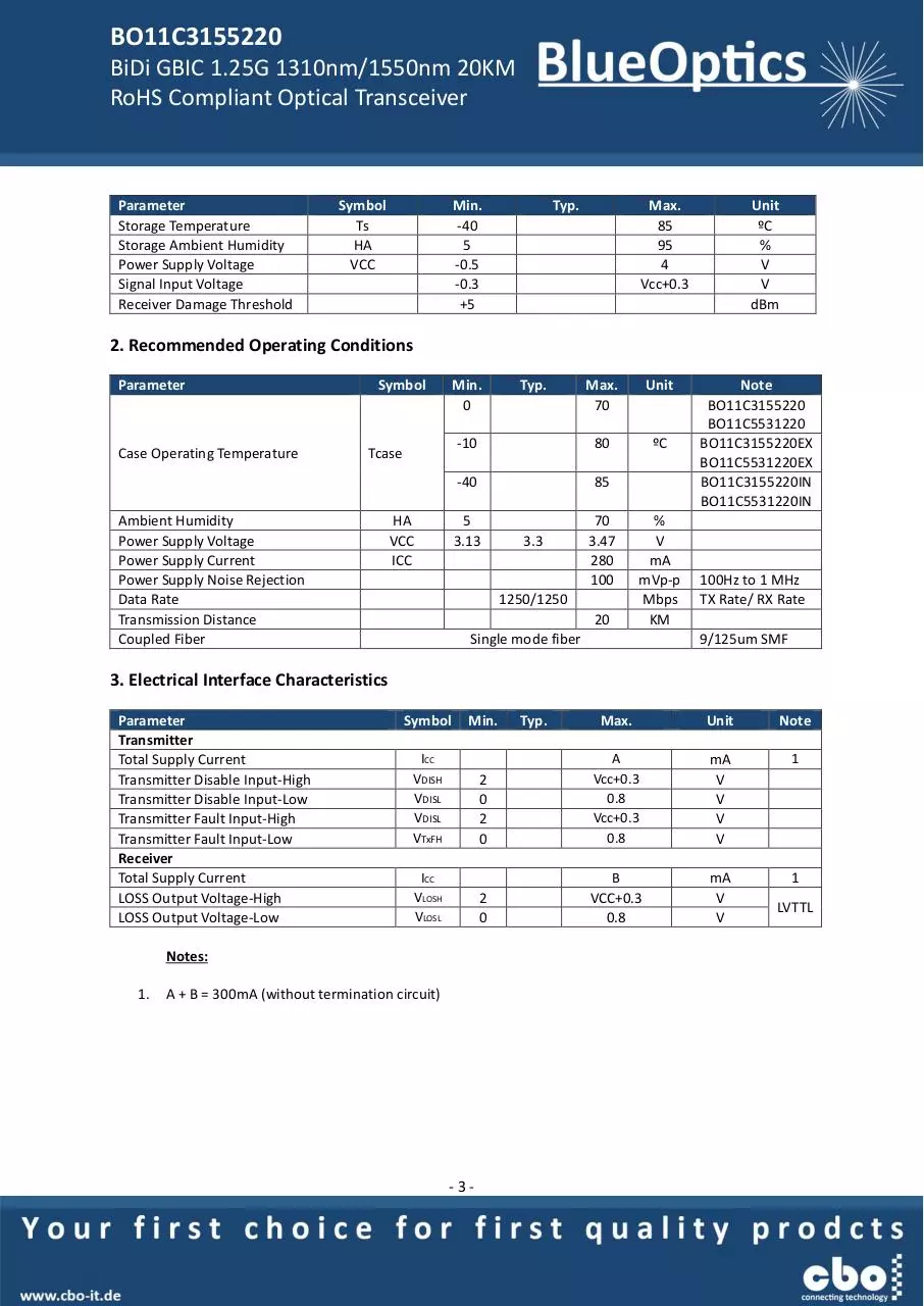 Page 3 of 8, BlueOptics BO11C3155220 1000BASE BX U GBIC Bidi