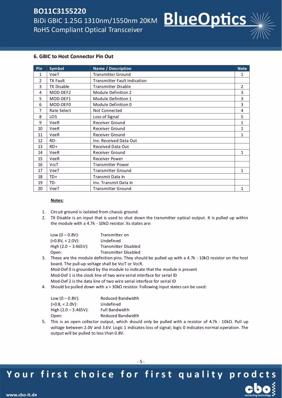 Page 5 of 8, BlueOptics BO11C3155220 1000BASE BX U GBIC Bidi