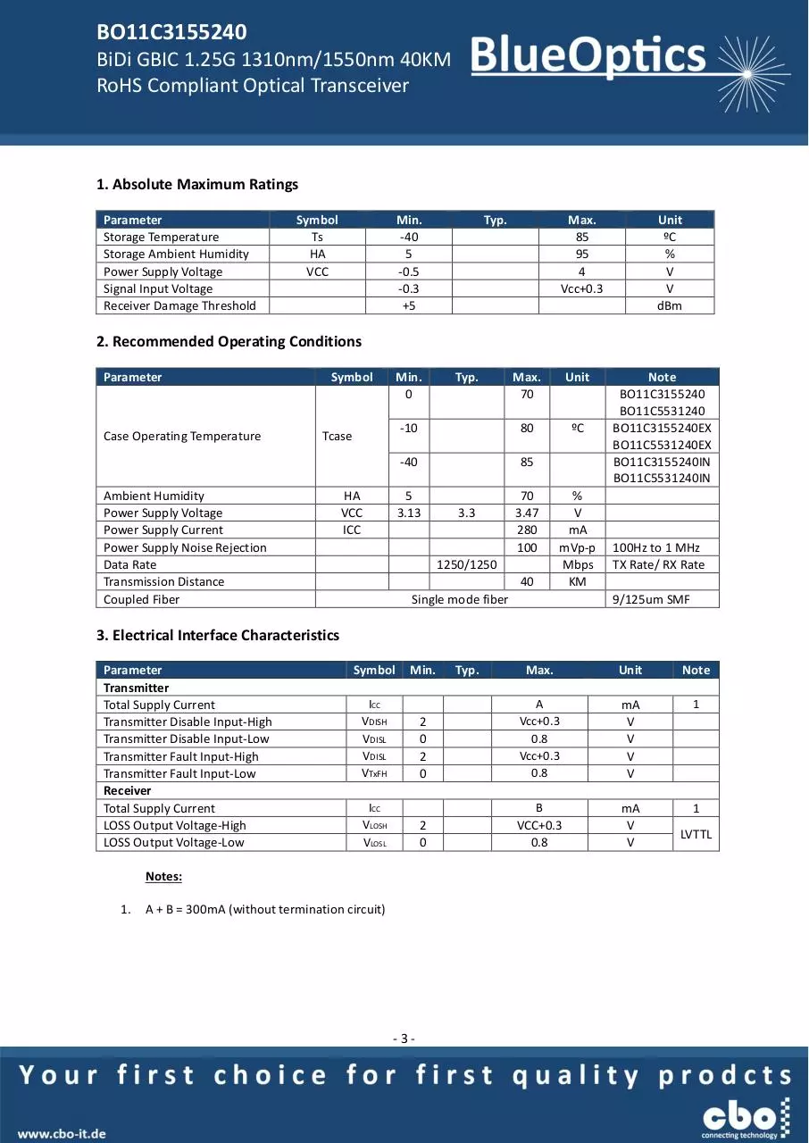 Page 3 of 8, BlueOptics BO11C3155240 1000BASE BX U GBIC Bidi